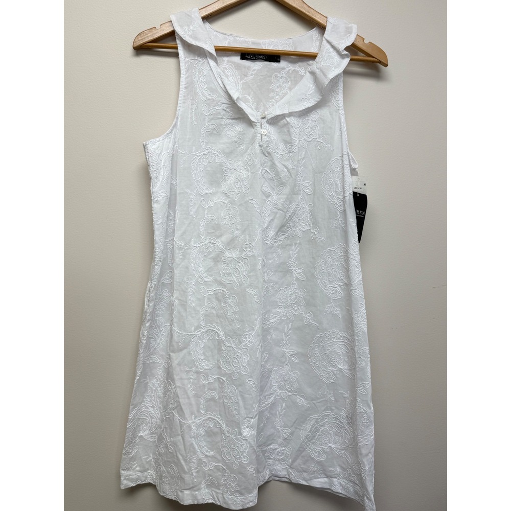 Ralph Lauren Cotton White Embroidered Summer dress Sheer Sz S‎ NWT